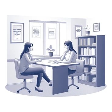 A guidance counselor is sitting at a desk, facing a concerned student who is seated across from them. The office has a large bookshelf filled with various books and educational materials. A potted plant is positioned on the windowsill, adding a touch of nature to the space. A comfortable chair is placed near the desk, inviting conversation. The counselor is leaning slightly forward, demonstrating engagement and concern as they speak with the student, who appears reflective and attentive. Various posters and motivational quotes adorn the walls, contributing to the supportive atmosphere.