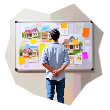 A person with medium skin standing in front of a bulletin board, intently examining various house illustrations pinned to it. The bulletin board is crowded with colorful drawings of houses, showcasing different architectural styles such as cottages, modern homes, and Victorian designs. The person is wearing a casual outfit, consisting of a blue shirt and jeans, with their hands clasped behind their back as they study the details of the illustrations. The area around the bulletin board is well-lit, highlighting the vibrant colors of the house drawings.