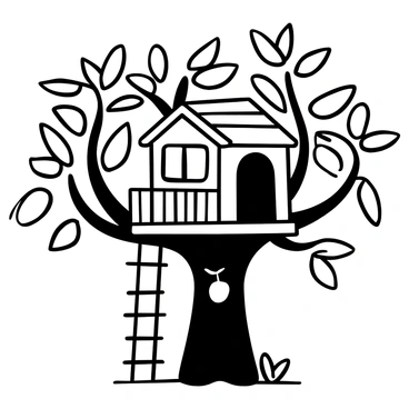 A small treehouse made of wood is nestled among the branches of a large mango tree. The treehouse features a slanted roof and a small balcony that juts out from one side. Lush green mango leaves surround the treehouse, creating a natural canopy. A sturdy rope ladder hangs down from the entrance of the treehouse, leading to the ground. Several ripe mangoes can be seen hanging from the branches, adding to the scene of a tranquil, outdoor retreat.