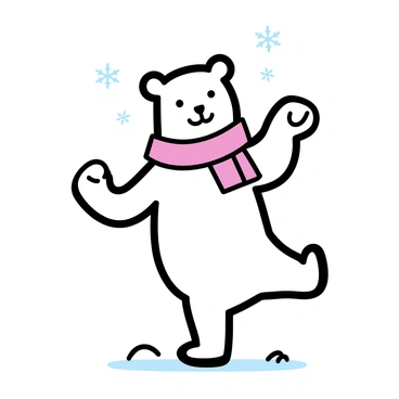 A polar bear, covered in white fur, is wearing a vibrant red scarf around its neck. It is gracefully lifting one paw as it dances on a snowy landscape, surrounded by small mounds of snow. The background features softly falling snowflakes, creating a serene atmosphere. The polar bear's posture suggests elegance and joy, with its other paw slightly raised and a playful expression on its face. The snow beneath its paws is smooth and untouched.
