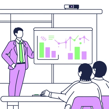 A professional man is standing in a modern conference room delivering a business presentation. He wears a tailored suit with a tie, and he is positioned to the side of a large screen displaying several graphs and charts. The screen shows a bar chart with green and purple bars and a line graph with clear data points. The audience, partially visible in the foreground, is seated and attentive, with notebooks open and pens in hand. The room is equipped with a projector and has a large window letting in natural light.