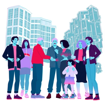 A diverse group of people of various ages and ethnicities is gathered in a lively public square. Each person is exchanging warm smiles and firm handshakes, creating a sense of community and connection. The foreground features an elderly man with gray hair shaking hands with a young woman with bright purple hair. In the background, a child with curly hair watches, smiling with excitement. The square is filled with modern architecture, and trees provide a touch of greenery, enhancing the vibrant atmosphere of interaction and joy.