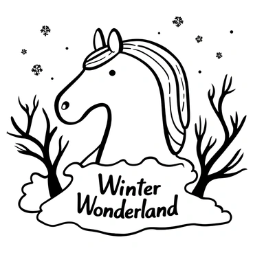 A horse head made entirely of ice, glistening with intricate details and reflections. The ice sculpture is positioned on a blanket of freshly fallen snow, surrounded by delicate frost-covered branches. The background features a serene winter landscape with softly falling snowflakes, creating a tranquil atmosphere. "Winter Wonderland" is elegantly engraved at the base of the sculpture.