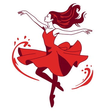 A red dancer with flowing hair is captured mid-leap against a white background. The dancer's dress billows around her, accentuating her graceful movements. Her arms are extended elegantly, and her feet are pointed as she executes a perfect pirouette. Around her, vibrant red and white hues swirl, emphasizing the fluidity and energy of her motion. The overall composition conveys a sense of dynamism and beauty, highlighting the artistry of dance.
