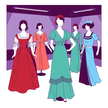 An exhibit room is filled with mannequins displaying various historical costumes from different eras. Each mannequin is dressed in meticulously crafted garments that represent unique time periods. A mannequin dressed in a striking red Renaissance gown stands next to another wearing a regal blue Victorian dress. Nearby, a mannequin showcases a teal 1920s flapper dress, complete with fringe and accessories. The background features elegantly arranged lighting that highlights each costume, creating a vibrant atmosphere in the exhibit.