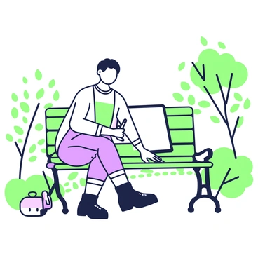 An artist is sitting on a park bench, looking relaxed as they take a break. The artist has a sketchbook open on their lap, featuring a 1/16 illustration board ready for sketching. They are wearing a comfortable, practical outfit suitable for a day of drawing. In one hand, the artist holds a pencil, while the other hand rests on the bench. Surrounding the bench, there are trees with leaves gently swaying in the breeze, and a pathway meandering into the distance, showcasing a peaceful park setting.