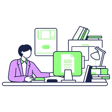 A law clerk is seated at a desk in a law office. The clerk has short hair and is wearing a formal outfit consisting of a blazer and slacks. In front of the clerk, there is a computer with an open document displayed on the screen. The clerk is typing notes with their fingers on the keyboard. On the desk, there is a stack of organized papers, neatly arranged in a document holder. To the side, there is a large binder filled with legal documents. A filing cabinet is visible in the background, partially open with files peeking out. A desk lamp provides focused light on the work area.