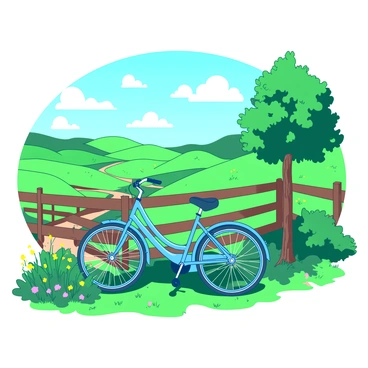 A bright blue bicycle is leaning against a wooden fence in a green countryside landscape. The ground is covered in vibrant green grass, dotted with colorful wildflowers in shades of yellow and pink. In the distance, rolling hills stretch towards a clear sky filled with soft, white clouds. A winding dirt path can be seen leading into the horizon, inviting exploration. A single tree with a thick trunk stands nearby, casting a light shadow on the ground.