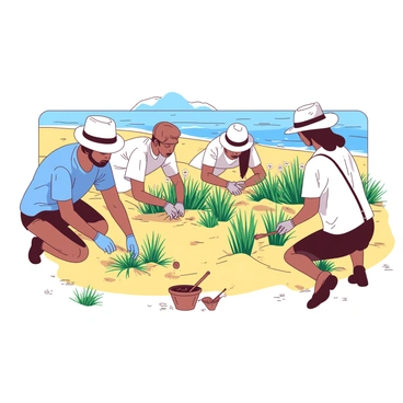 A group of conservationists is planting vibrant green grasses on golden sand dunes near the ocean. Each conservationist is wearing a sun hat and gloves, carefully placing the grasses into the warm sand. The ocean can be seen in the background, with gentle waves lapping at the shore. The sky is clear with a soft blue hue. Small tools and containers filled with grasses are scattered around them, and a few wildflowers can be seen growing among the dunes. The conservationists are working collaboratively, showing determination and focus on their mission to prevent erosion.