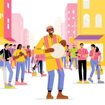 A street musician playing the "dholak" with a joyful expression, surrounded by a vibrant cityscape. The musician is wearing colorful traditional attire, with a bright scarf draped around his neck. Various pedestrians, including people of different ages and ethnicities, walk by, engaged in their daily activities. A small crowd gathers around the musician, smiling and clapping along to the rhythm. Coffee cups and shopping bags are visible in the hands of passersby, showcasing the lively atmosphere of the bustling city. Tall buildings and colorful shopfronts provide a backdrop, contributing to the energetic scene.