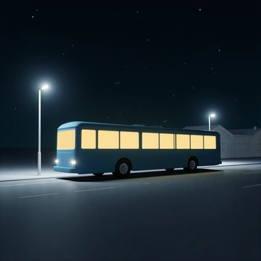 A large bus, painted in a deep blue color, parked along a deserted street. The bus has bright, glowing windows that illuminate the surrounding area with a warm yellow light. Streetlights nearby cast a soft glow, creating gentle shadows on the pavement. The night sky is dark with a few scattered stars visible, enhancing the tranquil atmosphere of the scene. The street is lined with empty buildings, their outlines faintly visible in the dim light.
