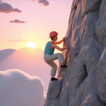 A rock climber, wearing a bright red helmet, a blue tank top, and gray climbing pants, is scaling a steep cliff face composed of rugged granite. The climber is mid-movement, gripping a small hold with one hand and placing a foot on a protruding ledge. The sun is setting in the background, casting a warm golden light that creates long shadows on the cliff and surrounding landscape. The sky is filled with vibrant hues of orange, pink, and purple, highlighting the climber's silhouette against the bright colors.