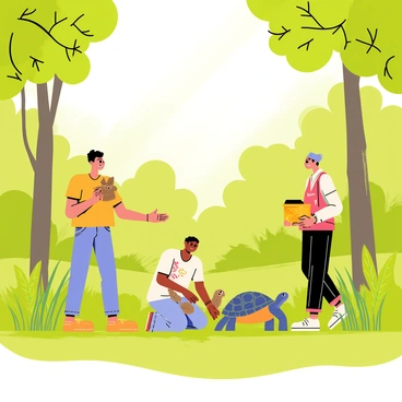 A group of three volunteers stands in a lush green forest clearing, surrounded by tall trees and vibrant foliage. One volunteer holds a small, fluffy brown rabbit in their hands, preparing to release it onto the soft grass. Another volunteer is kneeling beside a beautifully patterned tortoise, gently guiding it towards a nearby bush. The third volunteer, wearing a bright orange vest, stands nearby with a small box, ready to help with the next animal. In the background, rays of sunlight filter through the leaves, creating a warm, welcoming atmosphere. Each volunteer has a look of care and joy on their faces as they contribute to the animals' return to the wild.