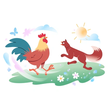 A rooster with vibrant feathers is running energetically in a meadow, creating a playful atmosphere. The rooster is looking back at a clever fox, which has a sleek coat and a bushy tail, as it chases after him. The meadow is filled with lush green grass and colorful wildflowers swaying in a gentle breeze. The sun casts soft rays of light, creating a warm and inviting scene. A few butterflies flutter around, adding to the lively environment. The racing motion of both animals conveys enthusiasm and camaraderie.