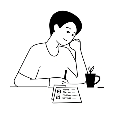 A person sitting at a wooden desk, writing on a notepad with a pen. The notepad has a neatly organized checklist with the items "Home", "Car", and "Retirement Savings" listed. The person has short hair and is wearing a casual shirt. A coffee mug and a small potted plant are placed on the desk, adding to the workspace ambiance. The individual is focused, with their brow slightly furrowed, as they check off items on the list.