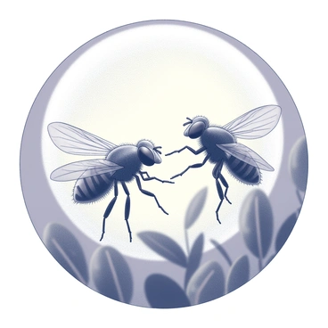Two fruit flies are captured mid-flight in a dynamic pose, their wings flared and shimmering in the low light. The scene is set against a backdrop of a soft, glowing moon, which casts subtle shadows and highlights the delicate textures of their bodies. The flies appear to be in close proximity, creating an impression of grace and movement as they engage in their dance. Surrounding them are hints of foliage, softly suggested in the background, adding context to the nighttime environment.