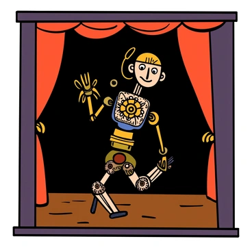 An intricately designed automaton with brass gears and elegant embellishments is performing a delicate dance on a small stage. The automaton features articulated limbs and a finely crafted face with expressive features. The stage is adorned with velvet curtains, and the dimly lit room casts soft shadows, highlighting the automaton's intricate details. The floor of the stage is polished wood, reflecting the soft glow of warm lights that illuminate the scene.