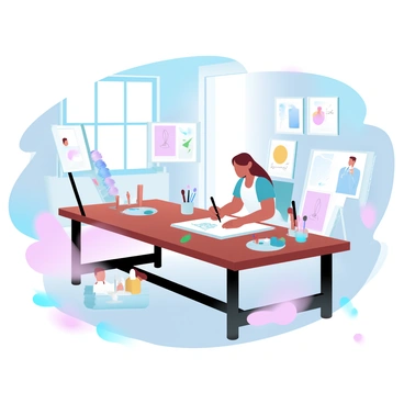 An artist is sitting at a large wooden table in a workshop, surrounded by various art supplies. The artist is focused on drawing an illustration on a sheet of paper. There are colorful paint tubes, brushes, and palettes scattered around the table. In the background, several framed illustrations are displayed on easels, showcasing different designs. Sunlight streams through a window, illuminating the workspace and casting soft shadows. A few potential buyers are browsing through a selection of finished artworks nearby.