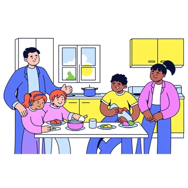 A family engaged in various household tasks together. The parents are preparing dinner in the kitchen, with one parent stirring a pot on the stove while the other sets the table with colorful plates and utensils. Two children are helping by washing vegetables at the sink and drying them with a towel. The kitchen has bright cabinets and a window showing a sunny day outside. The family members are smiling, showcasing a friendly and collaborative atmosphere.