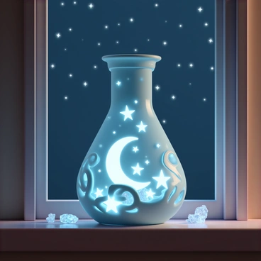 A glass flask, intricately designed with swirling patterns, is sitting prominently on a wooden windowsill. Inside the flask, glowing stars of various sizes and a crescent moon, both radiating soft light, are suspended in a swirling mist. The night sky outside the window is deep blue, dotted with twinkling stars, casting a gentle glow into the room. The flask is surrounded by a few scattered crystals, reflecting the light from the stars and moonlight, creating an enchanting atmosphere.