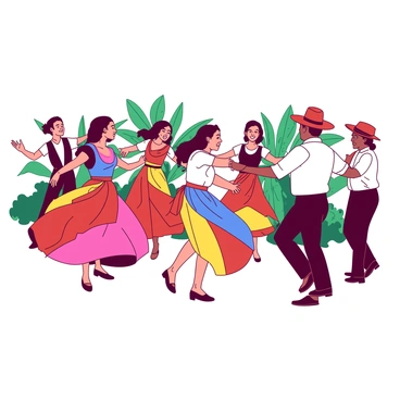 A vibrant scene featuring a group of dancers in traditional Costa Rican attire, showcasing their skills in a folk dance. The dancers are wearing colorful outfits, with women in flowing dresses that have intricate patterns in shades of {color_1} and {color_2}. The men are dressed in matching attire, complete with hats and sashes that complement the women's dresses. The dancers are moving in sync, with some leaping gracefully while others form a circle, hands joined together. In the background, there are lush tropical plants that add to the vibrant atmosphere of the performance. The expressions on the dancers' faces radiate enthusiasm and joy as they immerse themselves in the cultural celebration.