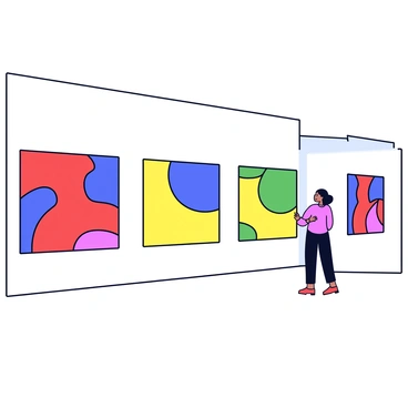 A gallery wall with a series of large abstract paintings displayed. Each painting features vibrant colors, including bright reds, blues, yellows, and greens. The frames of the paintings are simple and black, creating a stark contrast against the colorful artwork. The wall is a neutral white, allowing the bold colors of the paintings to stand out prominently.