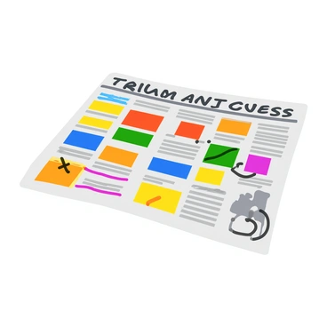A newspaper spread out on a flat surface, with a variety of scribbles and markings covering its pages. The headlines are large and bold, overlapping each other in a chaotic arrangement. Some sections of the text are crossed out, while others are circled in bright colors. The newspaper features different articles and images, each partially obscured by the scribbles, creating a dynamic and busy composition. The overall appearance is one of a creative brainstorming session, filled with vibrant, hand-drawn elements.