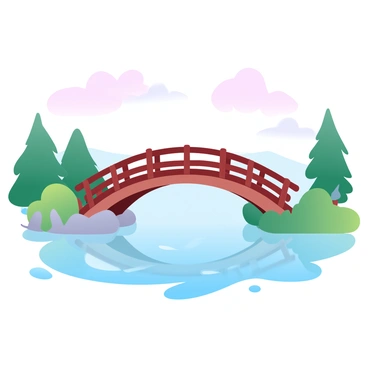 A calm lake with smooth, glassy water is reflecting a wooden bridge that arches gracefully across it. The bridge features simple railings and a rustic design, seamlessly integrated into the natural surroundings. Lush greenery surrounds the lake, with vibrant trees and bushes along the shoreline. Gentle ripples occasionally distort the reflection, adding subtle movement to the scene. A soft gradient of pastel colors fills the sky above, transitioning from light pink to soft blue, enhancing the serene atmosphere.