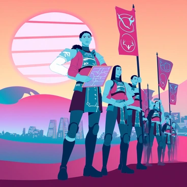 Priscilla, a determined leader with an intense expression, stands at the forefront of her troops as the sun rises, casting a vibrant golden light over the landscape. She wears a futuristic armor that gleams with intricate designs and holds a holographic map in one hand. Behind her, a diverse group of soldiers in matching uniforms follows closely, each holding colorful banners high above their heads, which display unique insignias that represent their allegiance. The sky is adorned with hues of orange and pink, enhancing the dramatic atmosphere of the scene. In the distance, rolling hills and futuristic structures can be seen, indicating a thriving civilization.