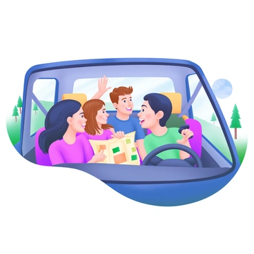 Five friends chatting animatedly inside a car on a road trip
