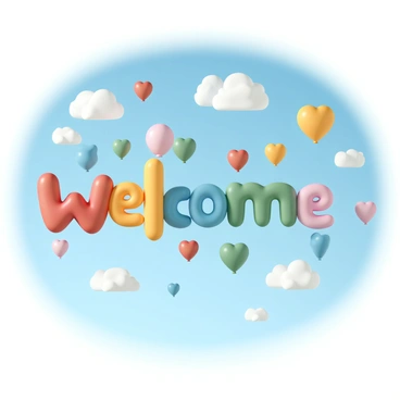 A bright blue sky with fluffy white clouds scattered throughout. In this sky, there are numerous vibrant balloons in various colors, including red, yellow, green, blue, and orange. The balloons are arranged to form the word "Welcome," with each letter made up of different colored balloons. Some balloons are heart-shaped, while others are round, creating a playful and festive atmosphere. The sunlight reflects off the balloons, giving them a shiny appearance and enhancing their vivid colors.