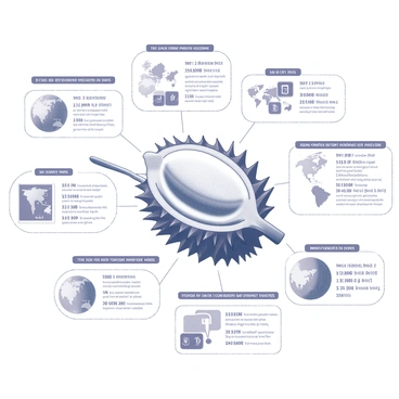 An infographic layout dedicated to "interesting facts and figures about durians and their consumption." The image features a central large illustration of a durian fruit, showcasing its distinctive spiky exterior. Surrounding the durian are various sections that present numerical data and facts, such as "nutritional content," "global production statistics," and "most consumed regions," displayed within neatly organized boxes or bubbles. Each fact is accompanied by small icons, such as a fork and knife for consumption, or world maps indicating regions. The overall design is clean, using black and white tones with a structured format to highlight the information clearly.