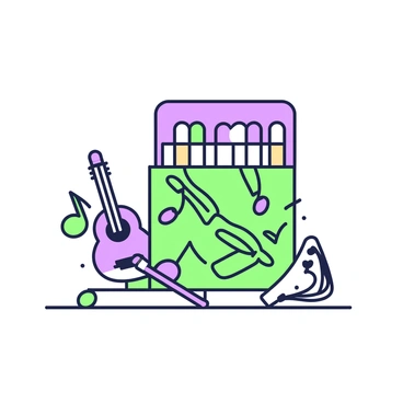 A matchbox is positioned on a plain surface, prominently displayed at the center. The matchbox is covered with intricate designs of "musical notes" and "instruments." The visible instruments include a "guitar," a "piano," and a "trumpet," all intricately illustrated, wrapping around the box. The musical notes flow elegantly across the surface, creating a dynamic sense of movement. The matchbox itself has a slightly open lid, revealing several "matches" inside, with their heads peeking out.