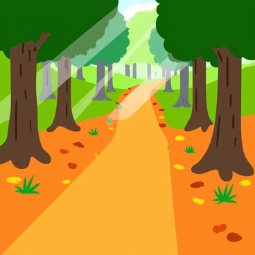 A winding forest path covered in a thick layer of crunchy fallen leaves in various shades of orange, yellow, and brown. Sunbeams filter through the tall trees, casting dappled light on the ground. The trees are lush with green foliage, their trunks are textured with deep browns and greys. Small patches of grass peek through the leaves alongside the path, and occasional pinecones are scattered throughout. The perspective is slightly low, emphasizing the depth of the forest and the inviting nature of the path ahead.