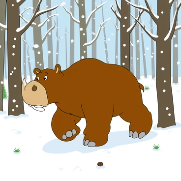 The Gruffalo is a large, brown creature with prominent tusks and distinctive orange eyes. He is trudging through a snowy forest filled with tall, bare trees covered in white snow. Snowflakes are gently falling around him, creating a whimsical atmosphere. The Gruffalo's big paws leave imprints in the soft snow as he moves forward, occasionally looking up at the flurries above. The ground is blanketed in thick, white snow, and a few scattered pinecones can be seen peeking through the snow.