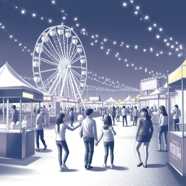 A bustling carnival scene at night. The atmosphere is filled with vibrant rides, including a Ferris wheel towering over the festivities. Strings of bright lights crisscross above, illuminating the area. Visitors of diverse backgrounds are walking around, enjoying the attractions and engaging with various booths. Laughter and excitement are present as children are seen holding cotton candy, while groups of friends are taking photos together. The ground is covered with a mix of gravel and dirt, adding to the lively ambiance of the carnival.