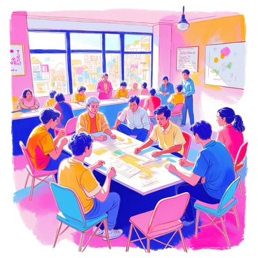 Residents are seated in a large community hall, engaged in animated discussions. Some individuals are standing while others are at tables, looking over blueprints and sketches. A large whiteboard at the front has notes and diagrams about the rebuilding plans. The room is filled with various colorful banners showing community spirit. Windows let in natural light, illuminating the focused expressions of the residents as they collaborate on their ideas for moving forward.