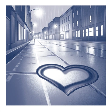 A street scene during rainfall. The pavement is wet, creating several puddles. One puddle is prominently heart-shaped, capturing the reflections of the glowing city lights. Buildings line the street, with illuminated windows adding to the ambiance. Rain falls steadily, visible as small droplets hitting the ground. Streetlamps cast a warm glow on the wet surface, enhancing the reflections and creating a dynamic interplay of light and shadow.