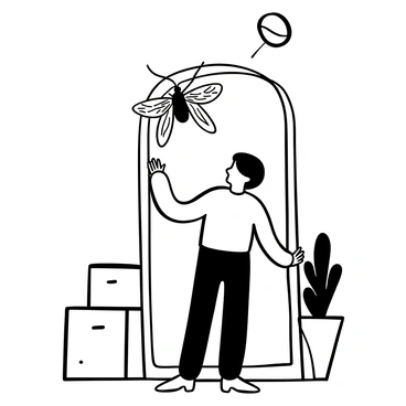 A human figure standing in front of a mirror, with their body facing the mirror. The mirror reflects a large, detailed bug perched on the surface, with intricate patterns on its wings. The human's hands are positioned on the edge of the mirror, and there are faint outlines of the room around them, including a simple piece of furniture and a textured wall.
