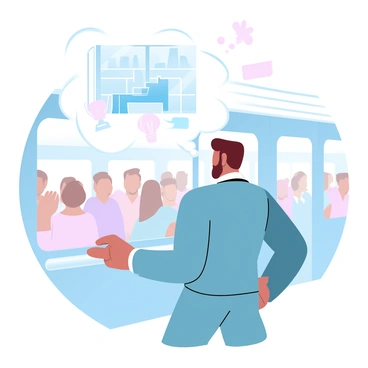 A person with neatly styled hair is standing on a crowded train, holding onto a handrail. They are wearing a smart casual outfit that includes a blazer and trousers. The person is gazing out the window with a thoughtful expression. A thought bubble above their head contains images of a bright office with a large desk, a laptop, and a window overlooking a city skyline. Around the thought bubble are small icons representing success, such as a trophy, a briefcase, and a lightbulb. The interior of the train has muted colors with people engaged in various activities, creating a lively atmosphere.