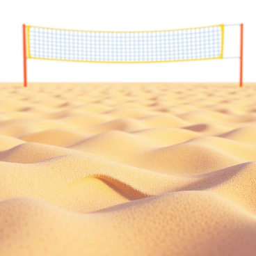 A close-up view of a beach volleyball court featuring coarse sand texture. The sand is golden in color with various grain sizes visible, giving it a rough appearance. Small footprints are scattered throughout, indicating recent activity on the court. In the background, a net is set up with bright orange poles, stretching across the court. Sunlight casts soft shadows on the sand, emphasizing its uneven texture and creating a lively atmosphere.