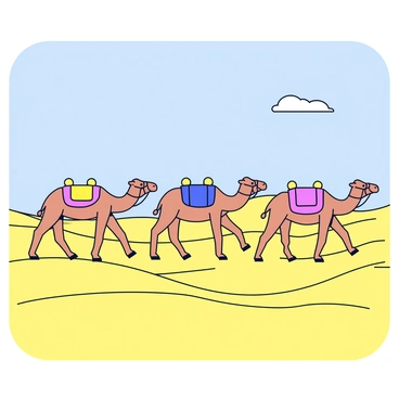 A camel caravan consists of three camels, each with a light brown coat and adorned with colorful saddlebags. The camels are walking in a straight line across a series of smooth, rolling sand dunes. The dunes are golden and gently undulate in the sunlight, creating patterns of light and shadow. In the background, a clear blue sky stretches above, and a few wispy clouds drift lazily. The scene conveys the expansive and arid nature of the desert.
