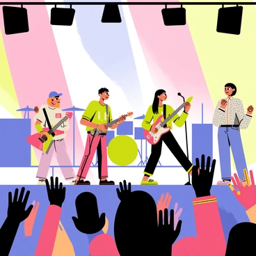 A band performing live on stage in front of a cheering audience. The stage is adorned with colorful lights in shades of pink, blue, and green, creating a lively atmosphere. The band consists of four members: a guitarist with long hair, a drummer with a dynamic pose, a singer with a microphone, and a bassist. The audience is filled with excited fans clapping and waving their hands in the air. Some fans are holding up their phones to capture the moment, while others are wearing band merchandise.