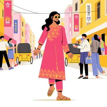 An Indian lady wearing a vibrant red kurta with intricate gold patterns is confidently walking through a bustling city street. She has long black hair styled in loose waves, and is wearing stylish sunglasses. Around her, there are various people walking, with some engaged in conversations and others using their phones. The street is lined with colorful shops and cafes, and there are rickshaws in the background, adding to the lively atmosphere. Bright banners and posters hang from the buildings, showcasing local events and products. The scene is filled with energy, capturing the essence of urban life.