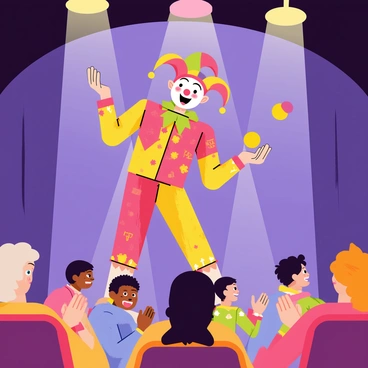 A jester wearing a colorful costume with a mix of red, yellow, and green patterns is performing a comedic act on a stage. The jester is making exaggerated facial expressions while holding juggling balls in one hand. Bright lights in various colors are shining down from above, illuminating the jester and creating a vibrant atmosphere. The audience, depicted as a series of cartoonish faces, is laughing and clapping, clearly captivated by the performance. The background features curtains that are a deep shade of purple, adding to the theatrical setting.
