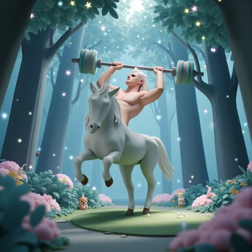 A mythical creature resembling a centaur, with a muscular human torso and the body of a horse, is performing skull crushers on a soft, mossy patch of ground in a magical forest. The centaur has long, flowing hair and is focused intently on the exercise, with its arms extended upward, holding a heavy, enchanted barbell. The forest is dense with tall, ancient trees that have luminescent leaves, casting a soft glow around the creature. Colorful, ethereal creatures, such as fairies and small woodland spirits, are watching curiously from behind the bushes. The atmosphere is vibrant, with shimmering lights floating in the air, adding to the enchanting scene.