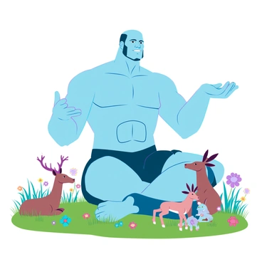 A gentle titan with a towering, robust physique, characterized by smooth contours and a calm expression. He is seated in a lush meadow, with vibrant green grass and colorful wildflowers scattered throughout. Surrounding him are various animals; delicate deer with soft brown fur cautiously approach, while curious rabbits with fluffy tails are playfully hopping around his feet. The titan's large hands are extended slightly, offering a sense of safety and companionship to the creatures gathered near him. The scene conveys a harmonious interaction between the giant and the animals, creating a captivating visual moment of coexistence.