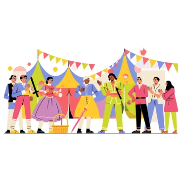 A group of actors in colorful period costumes are reenacting a historical scene at a lively festival. The actors are dressed in elaborate outfits, with flowing skirts and ornate jackets. The background features colorful tents and vibrant banners fluttering in the breeze. Onlookers are gathered around, some clapping and cheering while others are taking photographs. The scene is filled with a sense of excitement and energy, with various props like swords and baskets enhancing the authenticity of the reenactment. Bright sunlight illuminates the scene, casting cheerful shadows on the ground.