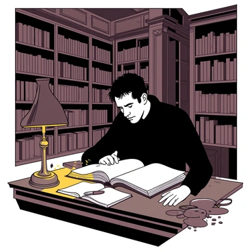 Victor Frankenstein is seated at a large, ornate wooden table in a grand library filled with towering bookshelves. He is surrounded by various ancient tomes, their spines richly detailed and worn from use. A warm light emanates from an antique brass lamp on the table, casting a soft glow over the pages of an open book in front of him. Victor, with tousled dark hair and a pensive expression, is leaning forward, intently studying the text. Dust particles float in the air, illuminated by the light, and a quill and inkpot sit beside him, hinting at his own writings. The library has elegant high ceilings adorned with intricate carvings, and the walls are lined with dark wood paneling, creating a scholarly atmosphere.
