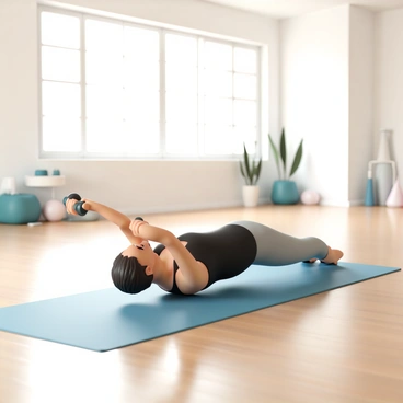 A person, wearing a fitted black tank top and gray leggings, is performing dumbbell flies in a spacious yoga studio. The individual is lying on a blue yoga mat, with light weights in each hand, arms extended out to the sides at shoulder height. The studio has large windows letting in natural light, highlighting the wooden floor and minimalistic decor. In the background, there are potted plants and yoga equipment neatly arranged. The atmosphere is tranquil, reflecting a blend of yoga and strength training.